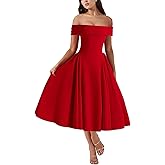 Richlylian Women's Summer Off Shoulder Fit and Flare Midi Dress - Sleeveless Sexy A Line Corset Club Party Going Out Dresses