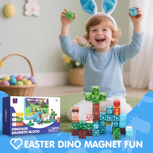 hahaland Bloques Magneticos Construccion Niños 52 Piezas, Cubos Magneticos con Temática de Bosque y Dinosaurios - Juguetes de Viaje Magnetic Blocks Construcciones Magneticas Niños para de 3 4 5 6 Años
