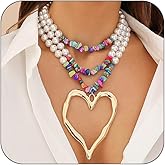 Layered Colorful Beaded Pearl Chain Choker Large Gold Hollow Heart Pendant Necklace for Women, Exaggerated Silver Love Pearls Necklaces Jewelry Gifts