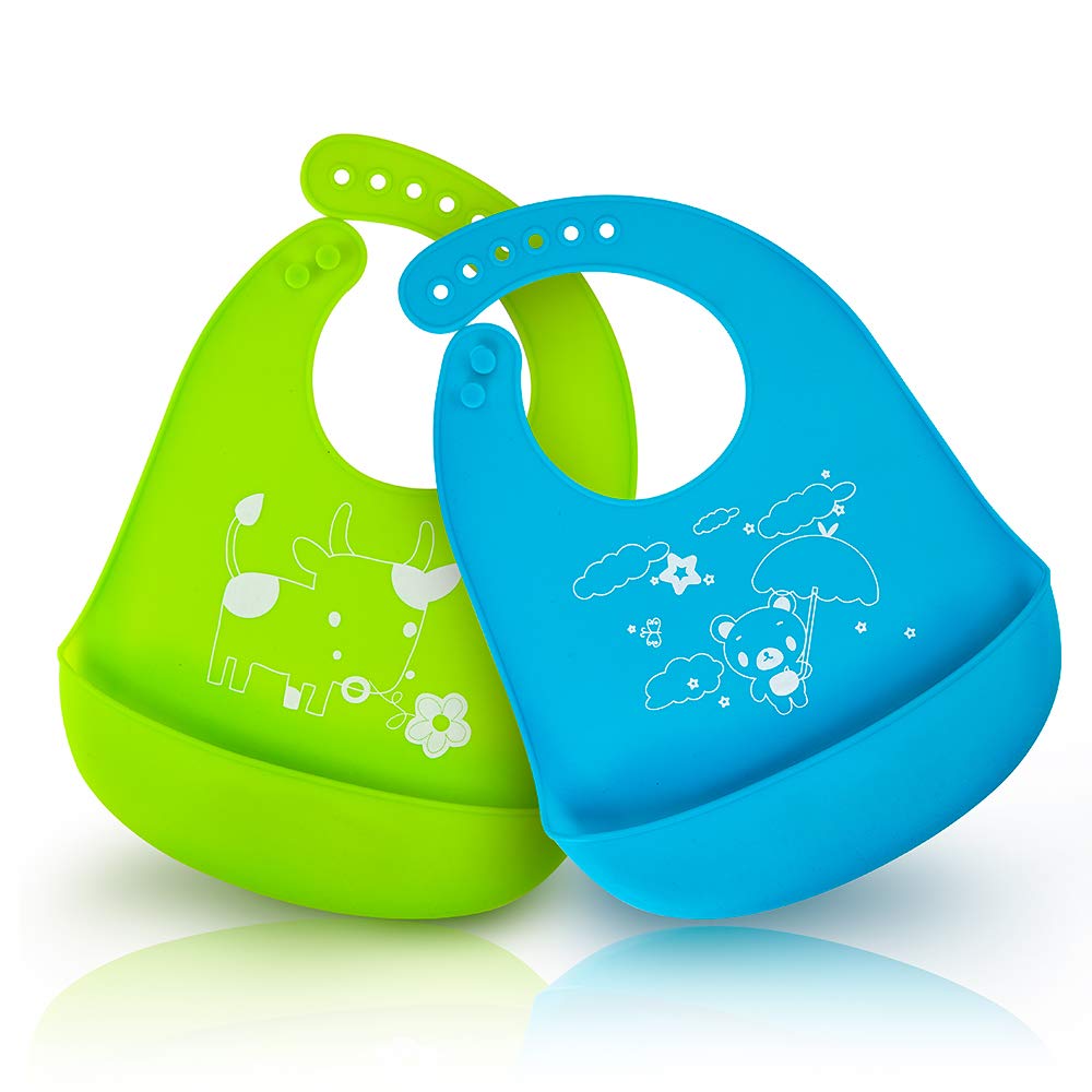 Waterproof Soft Silicone Baby Bibs,Easily Wipes Clean,Keep the Mess Off,Give your baby a Good Care (Blue&Green)