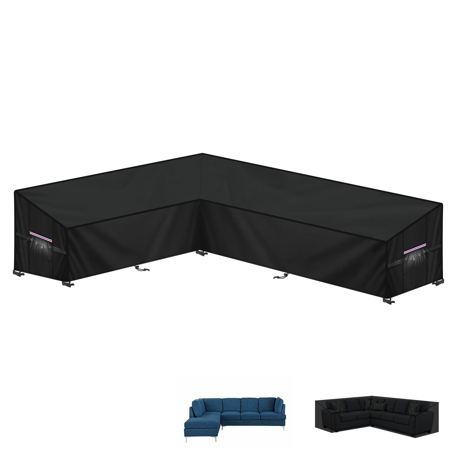 LAMUNI L-Shaped Garden Furniture Cover Waterproof Garden Sofa Covers 420D Oxford Rattan Corner Sofa Cover L-Shape Garden Corner Covers Outdoor Corner Sofa Cover with Air Vent, 180x260x90x80/60cm