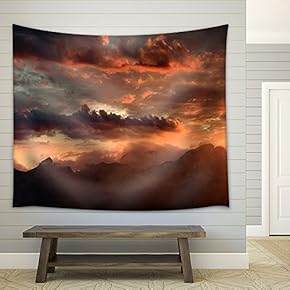 Fiery Sunset Over The Mountain Peaks with Dramatic Cloud Formation - Fabric Wall Tapestry Home Decor - 51x60 inches