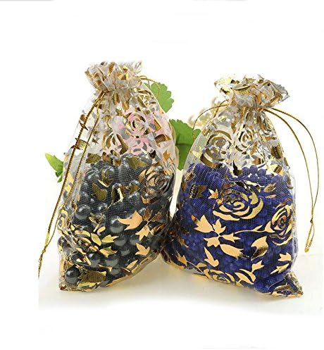 Tobway 100pcs New Hot Selling Printing Organza Drawstring Golden Rose Pouches Jewelry Party Wedding Favor Gift Bags (9cm12cm, Champagne)