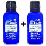 2- Pack - Peppermint & Eucalyptus Essential Oil, USDA Organic - 100% Pure, Natural Oils, Premium, Therapeutic Grade, Undiluted - 30ml bottles, 1oz Each - Bliss Beauty