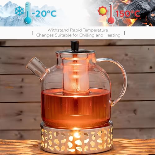 AMROAH 1500ml (50oz) Large Round Glass Teapot with Removable Stainless Steel Infuser Strainer, Borosilicate Heat Resistant Stovetop Safe Glass Tea Kettle Blooming & Loose Leaf Tea Maker
