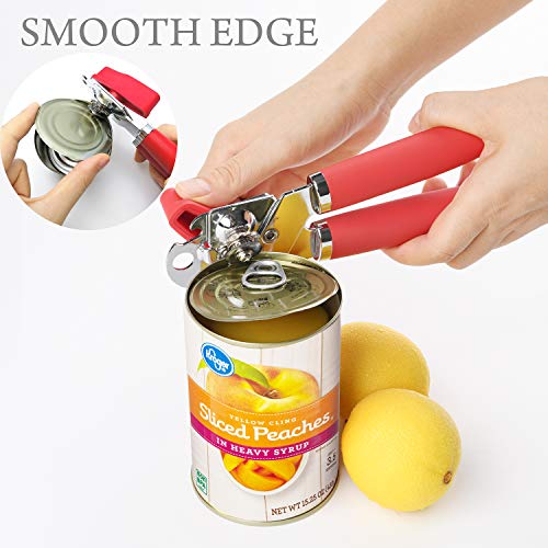 Can Opener, 3-In-1 Can Opener Hand Held Stainless Steel Can Opener Manual Smooth Edge Tin Opener Built in Bottle Opener Professional Ergonomic Anti Slip Handles Large Turn Knob Heavy Duty Sharp(Red)