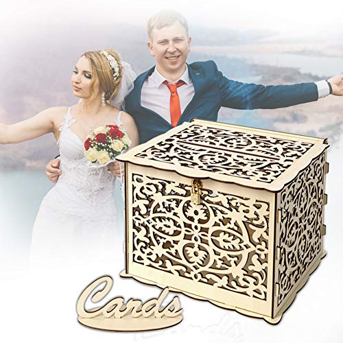 Wedding Card Box, Wooden Wedding Money Box Holder Hollow Diy Gift Box Rustic Wood Card Box With Lock And Cards Sign For Reception Weddings Baby Showers Birthdays Graduations Party Decorations - Thumbnail 7
