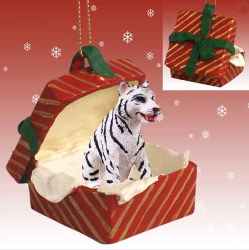White BENGAL TIGER n Red Gift Box Christmas Ornament Polyresin RGBA11B