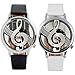 Polytree 2pcs Unisex Fashion Musical Note Hollow Faux Leather Strap Quartz Wrist Watch (Black White)