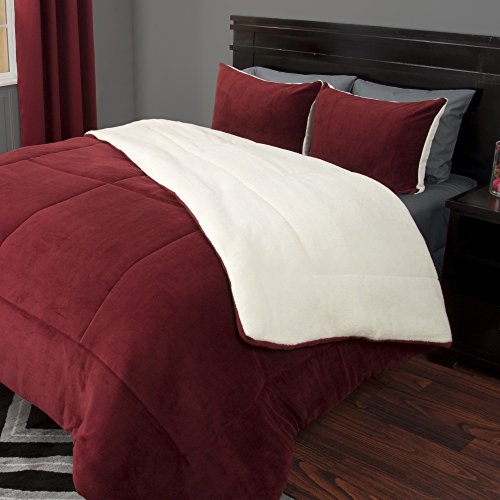 3 Piece Burgundy Red Solid Geometric Lined Pattern Comforter Full Queen Set, Elegant Super Soft Fleece Fabric, Snuggly Fluffy Warmth Sherpa Reverse, Cold Winter Bedding, Lightweight, Polyester