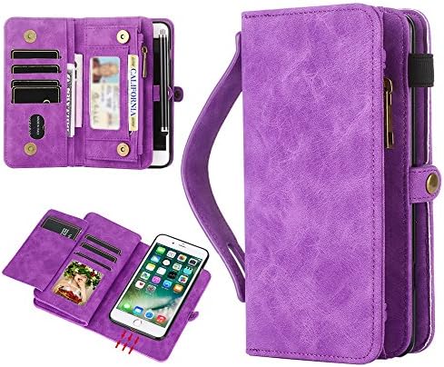 CaseTop iPhone 7 Plus Wallet Multi Card Holder [ID Slot][Card Slots][Zipper][Hand Grip] Folio PU Leather Cover With Detachable Magnetic Hard Case For iPhone 7 Plus (5.5 Inch) - Purple