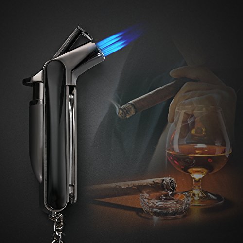 Keychain Multitool Jet Torch Cigar Lighter, 2 Flame Windproof Butane Refillable Cigarette Lighter