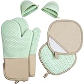 6-Piece Silicone Oven Mitts Set, Heat Resistant Kitchen Gloves with Soft Cotton Lining, Pot Holders & Mini Mitts for Cooking, Baking, BBQ – Light Green