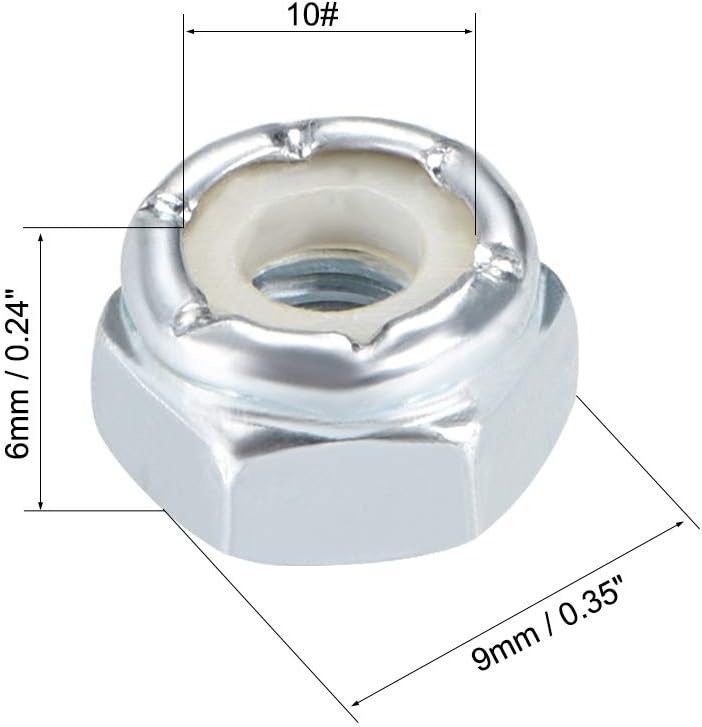 sourcing map 10#-32 Nylon Insert Hex Lock Nuts, Carbon Steel White Zinc Plated, Pack of 25 - Image 3