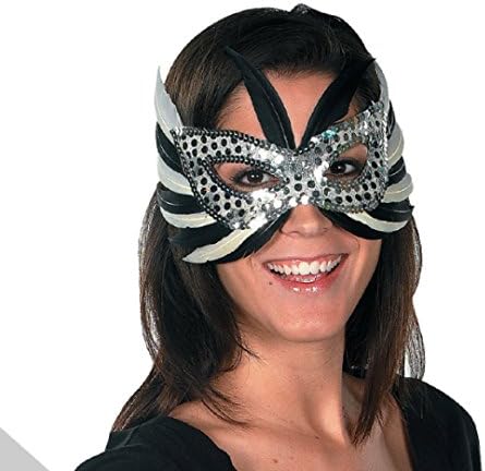 Mardi Gras New Year Eve Silver Feather Women Mask Beads Balloons Masquerade Costume Party
