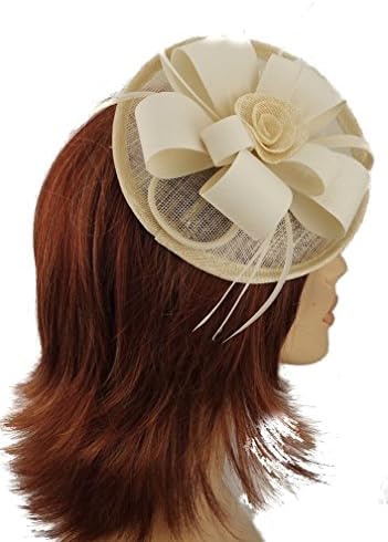 Cream Sinamay Upturned 19cm Circular Disc Hair Fascinator with Crepe Bow &amp; Feathers on 9cm sprung clip by ForHimForHer