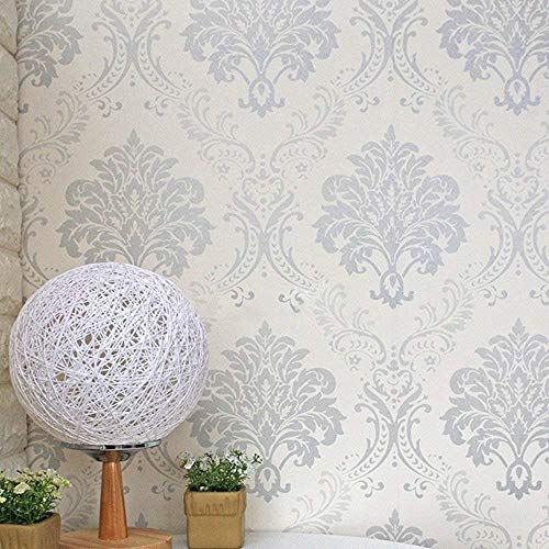 Lependor 17.71" X 118" Silver Damask Removable Wallpaper Peel and Stick Contact Paper Decorative Self Adhesive Shelf Drawer Liner Roll - 17.71" X 9.8 ft