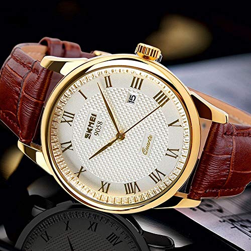 Mens Quartz Watch, Roman Numeral Business Casual Fashion Analog Wrist Watch Classic Calendar Date Window, Waterproof 30M Water Resistant Comfortable PU Leather Watches (Gold)