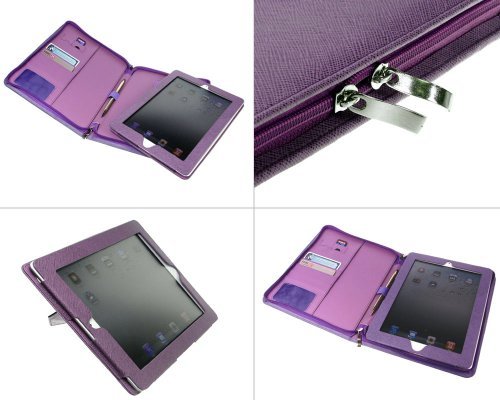 Bundle Monster "TM" iPad 2/iPad 3 Synthetic Leather Executive Portfolio Cover Case Folder with Removeable Kickstand Frame - Purple