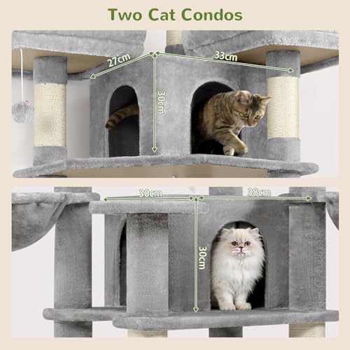 Globlazer Stable Cat Scratching Post 174 cm with 3 Padded Perches, 2 Cat House, 2 Baskets, Removable Pet Bed, Sisal Posts, Castle Cat Tree for 2-4 Adults Cats Indoor (F68B, Light Grey)