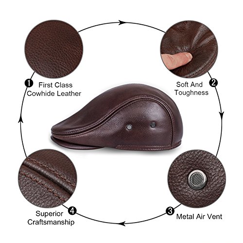 VEMOLLA Men's Real Cowhide Leather Beret Hunting Cap Beanie Trucker Cap Mens Sports Hat Red Brown M