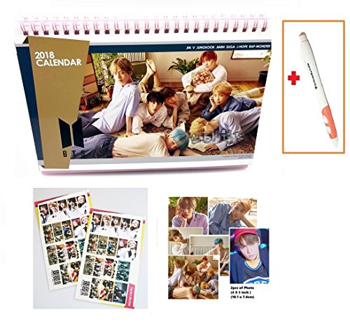 BTS Bangtan Boys 2018 2019 year desk Calendar with Extra photo and Stickers + SoltreeBundle Ballpoint Pen(Black)