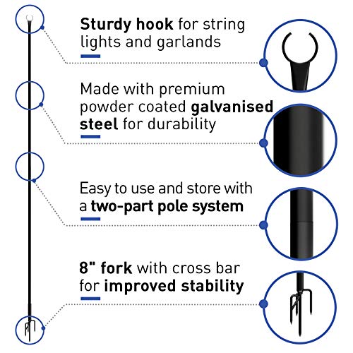Outdoor String Lights Pole (2 x 8ft) - Patent 4Prong Fork to Dig Deep - Light Up Patio or Garden with LED Or Solar Hanging Bulbs - Water-Resistant Steel Powder Coated Poles for House CafÃ© Wedding