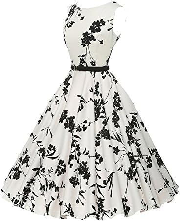 Women Vintage Dress Sleeveless Floral Print A-Line Tunic Tea Length Dress, With Black Belts, Medium