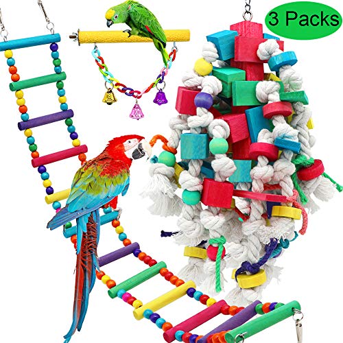 PETUOL Large Bird Swing Toys, 3 Packs Big Parrots Chewing Natural Wood with Bells Toys for Macaws Cokatoos, Alexandrine Parakeet, African Grey Parrot and a Variety of Large Amazon Finch