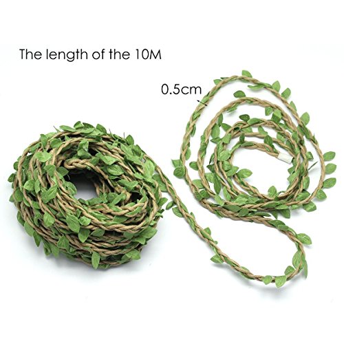ICYANG 33 Feet Natural Leaves Twine String, Creative Burlap Leaf Ribbon 5MM with Artificial Green Leaves, Perfect Braided Decorated Vine for Art & Crafting Home Packing Decoration and Party Decor