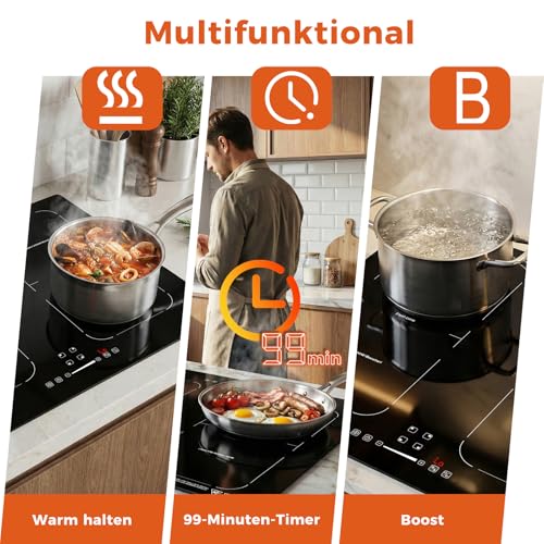 Topwish Induction Hob 4 Plates with Flex Zones, Induction Hob Built-in 60 cm, Hob 4 Hobs with Boost Function, Timer, Child Lock, Overheating Protection and Keeping Warm, 7200 W