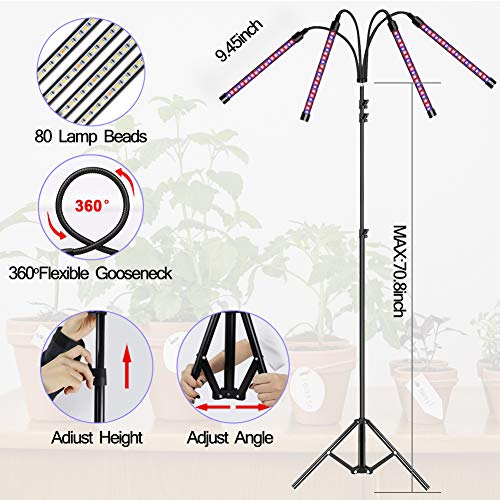 【New Upgrade】LED Grow Light,Kavai 4-Head LED Grow Light with Tripod Stand for Indoor Plants,80 LED Full Spectrum Floor Grow Lamp with remote Controller, 8 Dimmable Levels,4/8/12H Timer (Tripod Adjustable 11-70 inch)