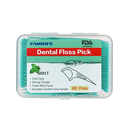 FAMILIFE 60 Counts Mint Dental Floss Pick with Travel Handy Case Strong thread Threaders