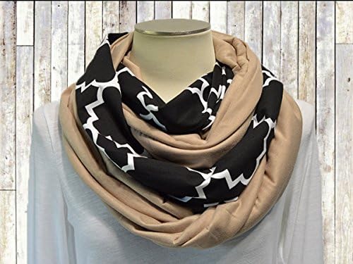 Infinity Scarf for Women Handmade Quartrefoil Stripe Jersey Knit - Black Quartrefoil/Taupe Brown
