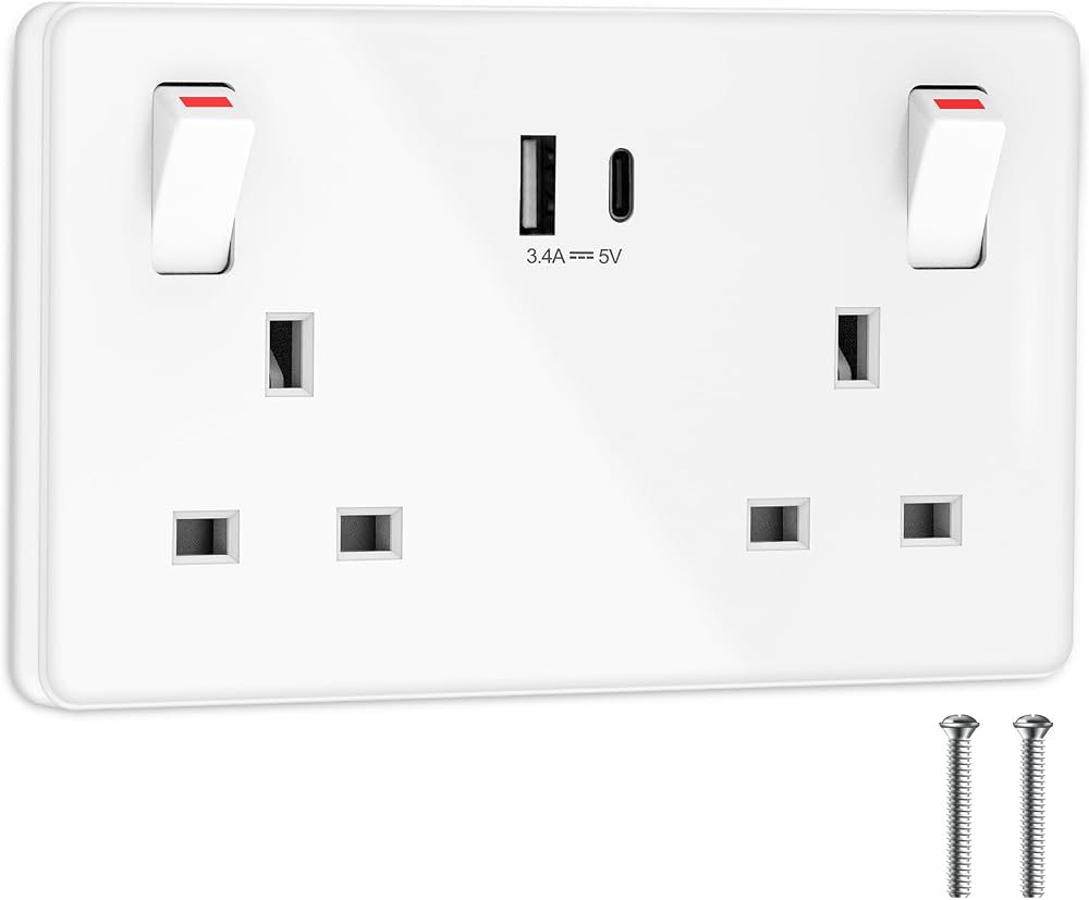 Ricokey Double Plug Socket with USB C 2 USB Ports 13A White 2 Gang