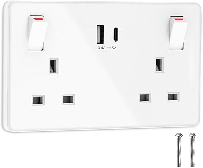 Ricokey Double Plug Socket with USB C 2 USB Ports 13A White 2 Gang
