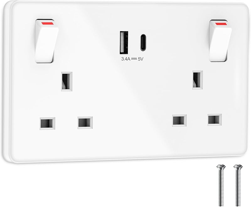 Ricokey Double Plug Socket with USB C 2 USB Ports 13A White 2 Gang