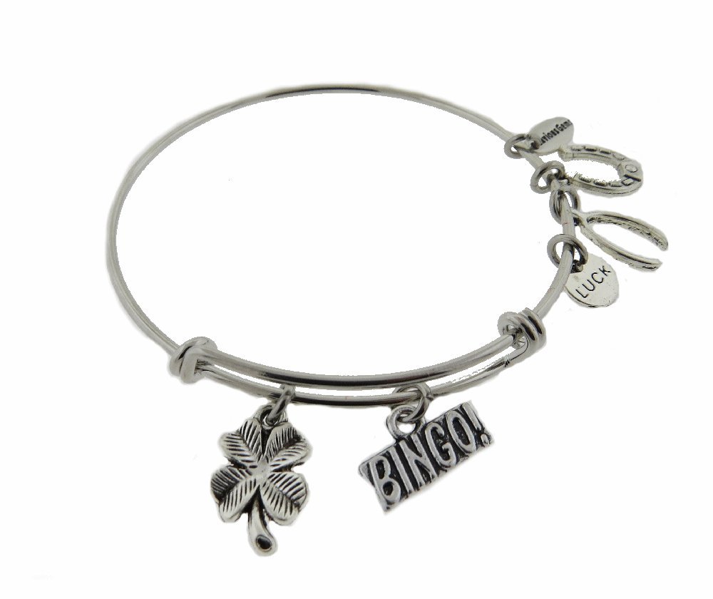 Bingo Four Leaf Clover Silver Tone Expandable Wire Bracelet