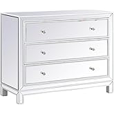 Pemberly Row 40" 3-Drawer Metal MDF Mirrored Cabinet, White Hand-Painted Finish, Beveled Mirror Panels, Sparkling Crystal Kno