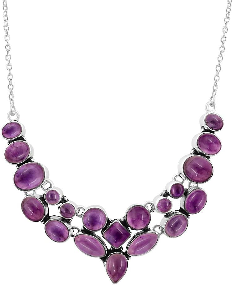 Genuine Multi Shape Amethyst Necklace 925 Silver Plated Handmade Oxidized Finish Vintage Style Fashion Jewelry for Women Girls