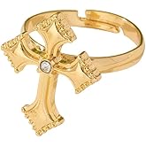Trendy CZ Cross Open Rings Gold-Tone Plated Unique Rhinestone Religious Faith Knuckle Stackable Finger Adjustable Simple Band Promise Eternity Ring Wedding Statement Modern Jewelry for Women Men Couple