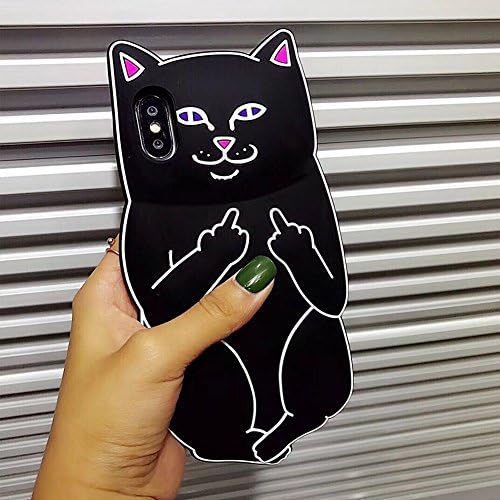 iPhone X Case,iPhone 10 Case, Middle Finger Cat with Cute Fun Cool Soft Silicone Special 3D Cartoon YONSON Design For Girls Women Men (BLACK)