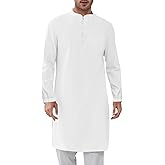 Runcati Mens Kaftan Thobe Button Down Henley Shirts Robe Long Sleeve Casual Cotton Linen Muslim Gown Shirt