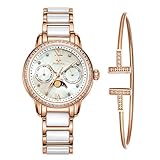 MAMONA Women's Rose Gold Chronograph Watch & Bracelet Set StainlessSteel/Ceramic with Calendar L58010RGGT