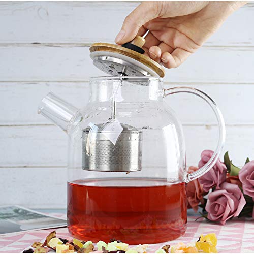 IDEALUX Glass Tea Kettle 64OZ, Large Tea Maker with SUS304 Tea Infuser & Bamboo Lid, Stovetop