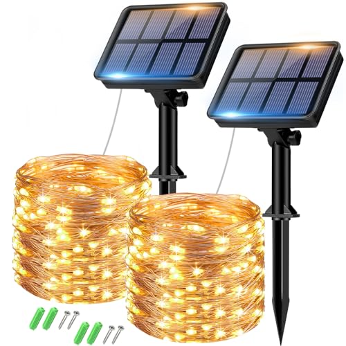 Set of 2 Solar String Lights Outdoor, Total 16 m, 160 LED, Waterproof, 8 Modes Decoration for Garden, Patio, Yard, Christmas, Wedding, Party, Warm White