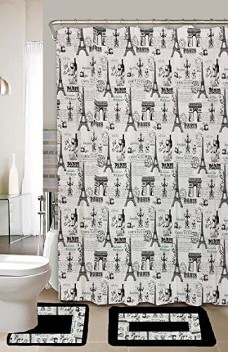 Paris Limited Edition 15 Piece Bathroom Set!! 2 Bath Mats Poly Acrylic Pile Rubber Backing, 1-Fabric Shower Curtain, 12-Fabric Covered Rings. Black and White. Eiffel Tower in The Design!