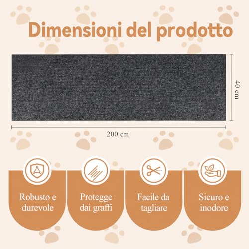 Cat Scratches Sofa Protection, Scratching Mat for Cats Self-Adhesive 200 x 40 cm, Reusable and Cuttable, Ideal for Sofas, Furniture and Walls, Scratching Post, Sofa, Sisal and Carpet (Dark Grey)