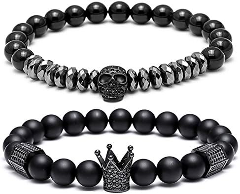Rhodium Plated 8mm Crown King Skull Charm Bracelet for Men Black Matte Onyx Stone Beads