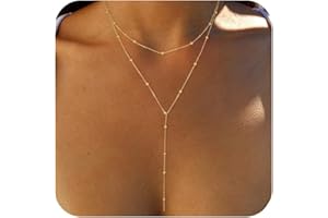 Foxgirl Lariat Gold Necklace for Women, Dainty Long Necklace 14k Gold Plated/Silver Y-Shaped Pendant Necklace Trendy Layered Cz Beaded Chain Drop Necklaces Simple Gold Jewelry For Women Gift